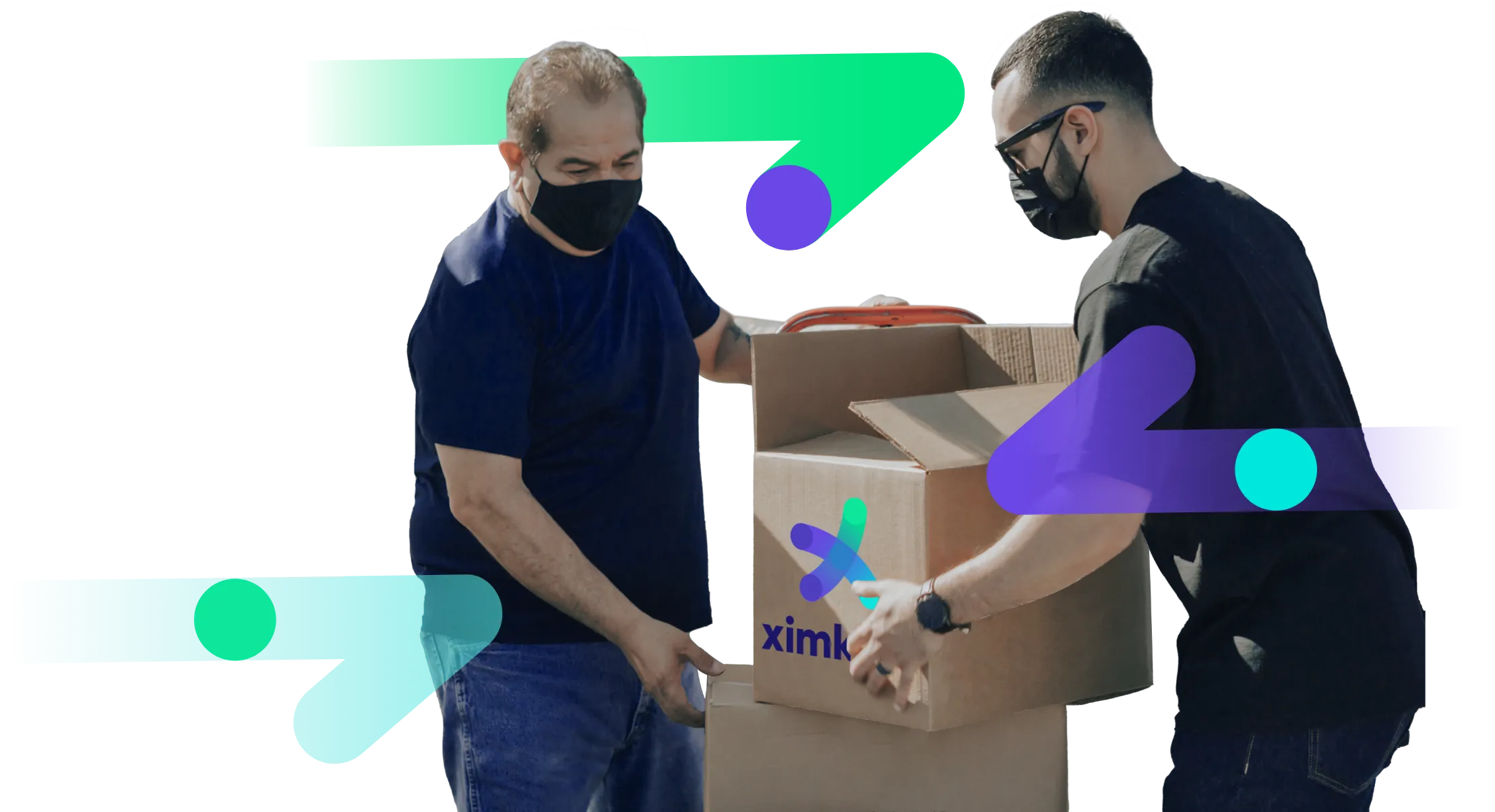 Two people wearing mask moving ximkart's cartoon box